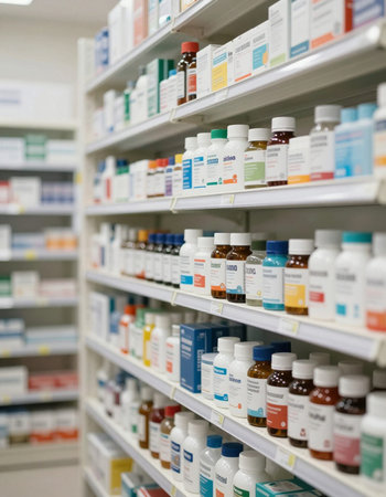 Pharmacy shelves with medicine bottles and pills in a drugstoreの写真素材