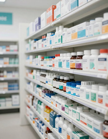Pharmacy drugstore shelves with pills and capsules. Shallow depth of fieldの写真素材