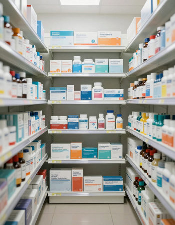 Pharmacy drugstore shelves with medicine bottles and containers. Focus on foregroundの写真素材