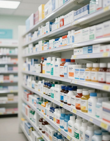 Pharmacy drugstore shelves with a variety of pills and capsulesの写真素材