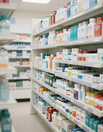 Pharmacy drugstore shelves with pharmaceutical products. Shallow depth of fieldの写真素材