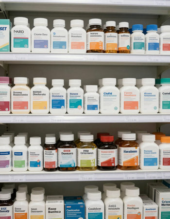 Shelves with various pharmaceutical products.の写真素材