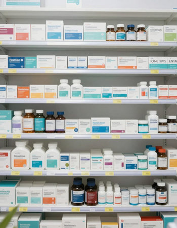 Pharmacy and drugstore shelves. Shelves with medicines.の写真素材