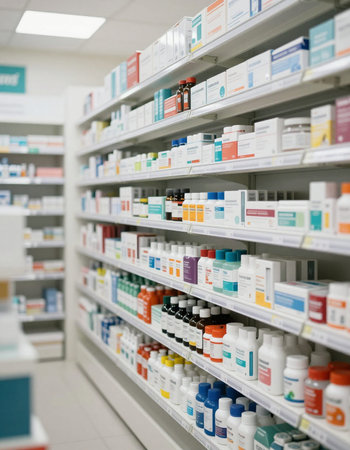 Pharmacy drugstore shelves with medicine bottles. Focus on foregroundの写真素材
