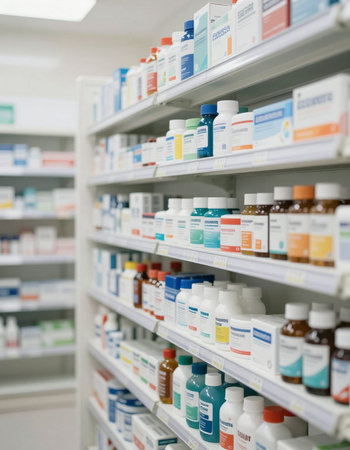 Pharmacy, medicine and healthcare concept - close up of shelves with pills and bottlesの写真素材