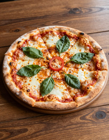 Pizza with mozzarella, tomato and basil on wooden tableの写真素材