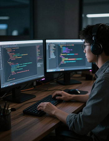 young man using computer at night in dark office, programming conceptの写真素材