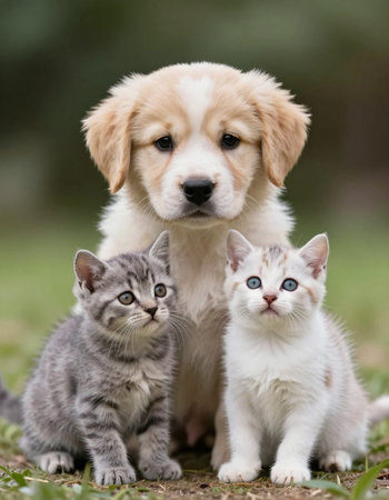 Adorable puppy with two kittens in the garden.の写真素材