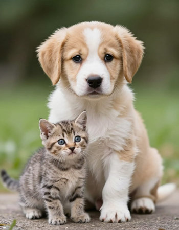 Golden Retriever puppy and tabby kitten together in the garden.の写真素材