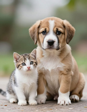 puppy and cat together in the gardenの写真素材