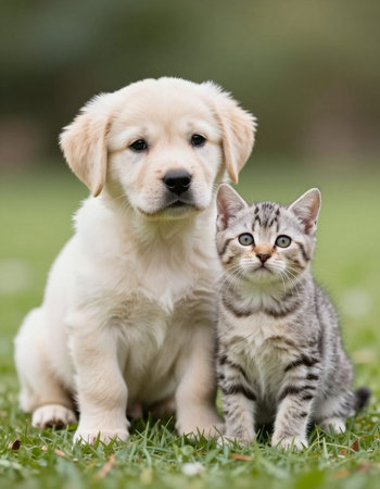 Golden Retriever puppy and tabby kitten sitting together in the garden.の写真素材