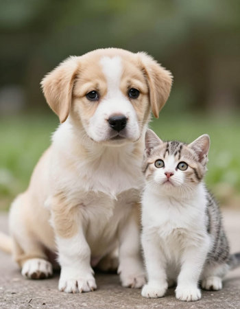 Portrait of a puppy and a kitten sitting together in the gardenの写真素材
