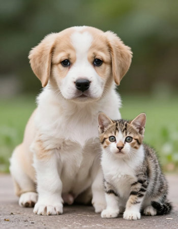 Adorable puppy and tabby kitten sitting together in the garden.の写真素材