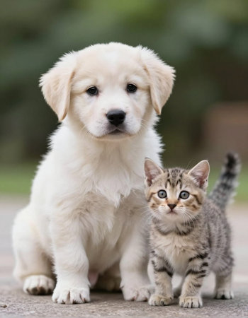 Labrador Retriever puppy with tabby kitten sitting together.の写真素材