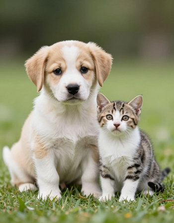 Adorable puppy and kitten sitting together in the grass.の写真素材