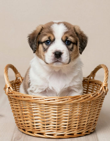 Cute puppy sitting in a wicker basketの写真素材