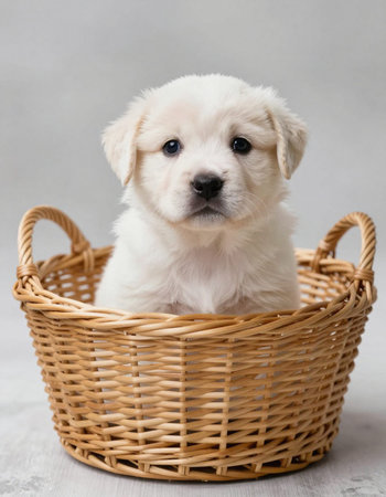 Studio portrait of a cute Golden Retriever puppy sitting in a basketの写真素材