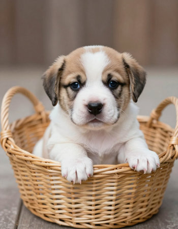 Cute beagle puppy in a wicker basket on a wooden backgroundの写真素材