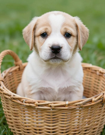 puppy in a wicker basket on a green grass backgroundの写真素材