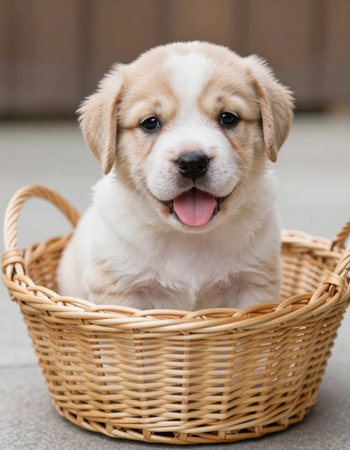 Cute puppy sitting in a wicker basketの写真素材