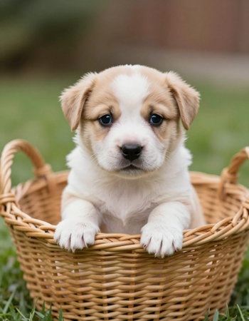 Portrait of a cute puppy in a wicker basket.の写真素材