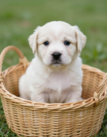 a little yellow labrador puppy sitting in a basket on the grassの写真素材