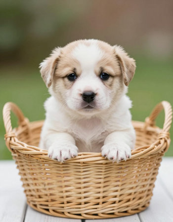 Cute puppy in a wicker basketの写真素材
