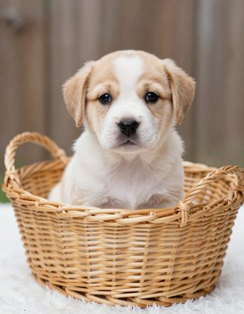 Portrait of a cute puppy in a wicker basketの写真素材