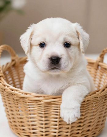 sweet little labrador puppy in a wicker basket on a white backgroundの写真素材