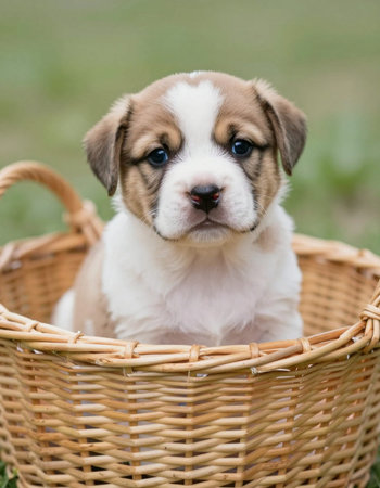 Cute American Staffordshire Terrier puppy in a wicker basketの写真素材