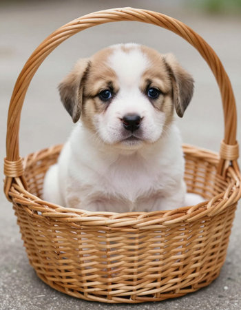 Puppy in a wicker basket on a wooden background.の写真素材