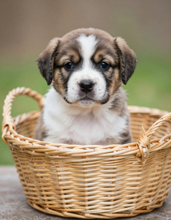 Puppy in a wicker basket on a nature background.の写真素材