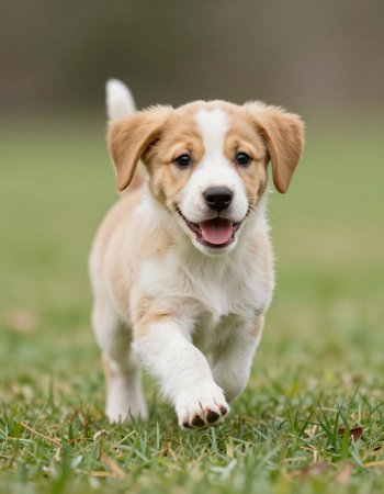 Portrait of a cute purebred puppy dog outdoors in the nature on grass.の写真素材