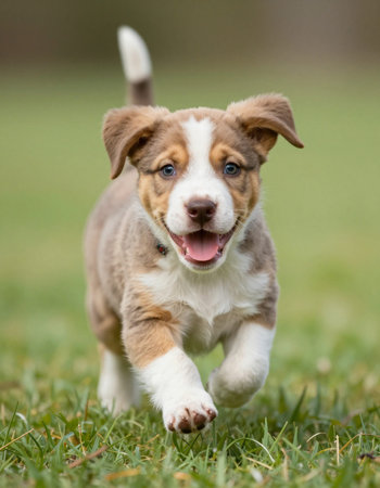 Purebred Australian Shepherd puppy running in the grass on a sunny day.の写真素材