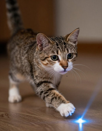 cute tabby cat looking at the light on the floor.の写真素材