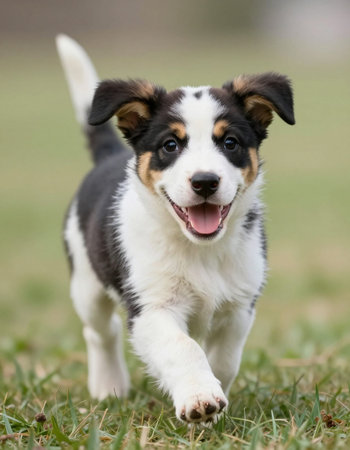 Adorable Border Collie puppy running in the grass on a sunny day.の写真素材
