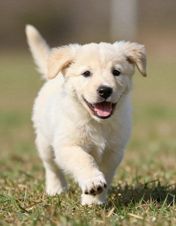 Adorable puppy running in the garden on a sunny day.の写真素材
