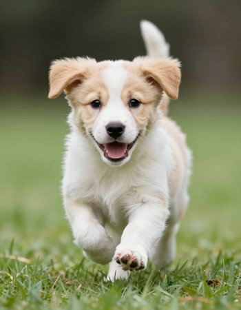 Adorable puppy running outdoors in the nature on a sunny day.の写真素材