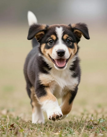 Cute Australian Shepherd puppy running outdoors in the nature on a sunny day.の写真素材