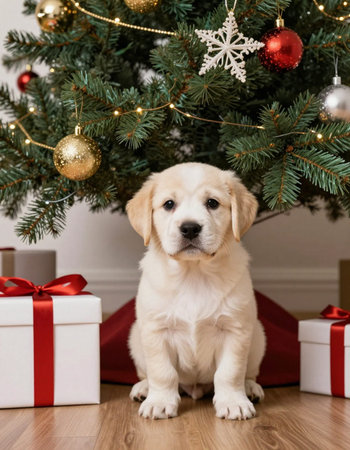 Golden retriever puppy sitting under christmas tree with gift boxes.の写真素材
