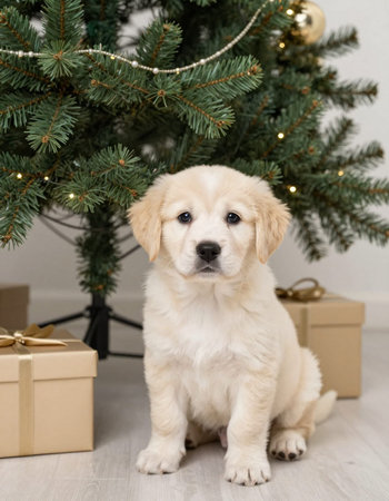 Golden Retriever puppy sitting under a Christmas tree with gift boxesの写真素材