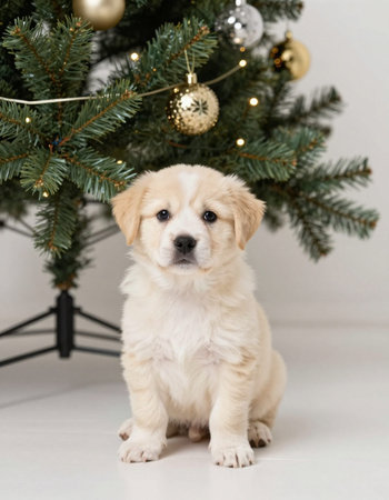 Cute puppy sitting under christmas tree.の写真素材