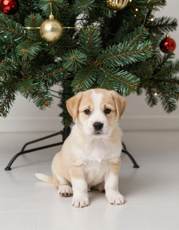 Cute puppy sitting under christmas tree on white floorの写真素材