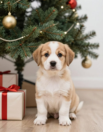 Cute beagle puppy near christmas tree with gift box on floorの写真素材
