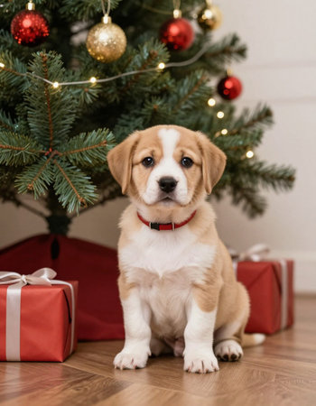 Cute beagle puppy sitting near christmas tree with gift boxesの写真素材