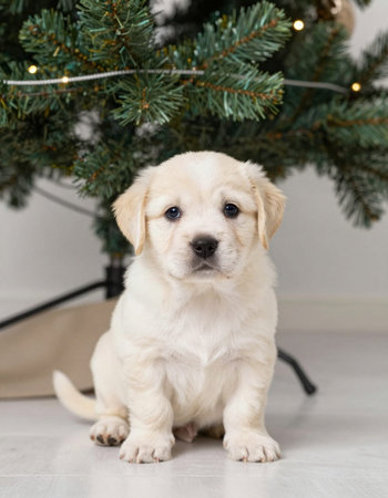 Cute puppy sitting under the christmas treeの写真素材