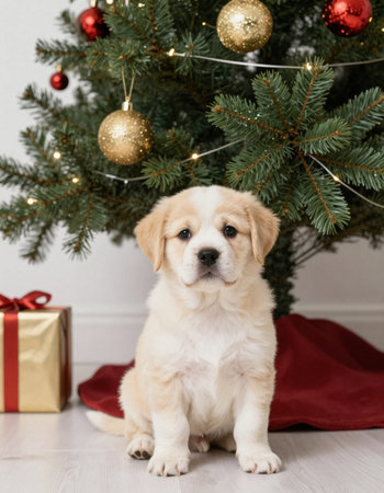 Cute golden retriever puppy sitting under christmas tree at homeの写真素材