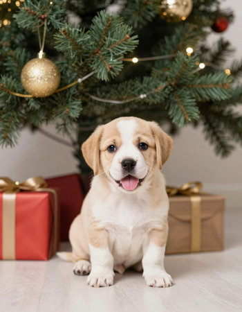 Cute beagle puppy sitting near christmas tree and gifts.の写真素材