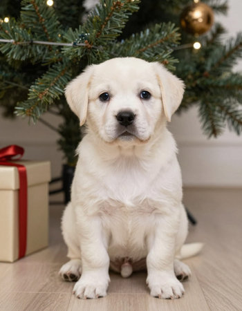 a little yellow labrador puppy sitting near a christmas tree with giftsの写真素材