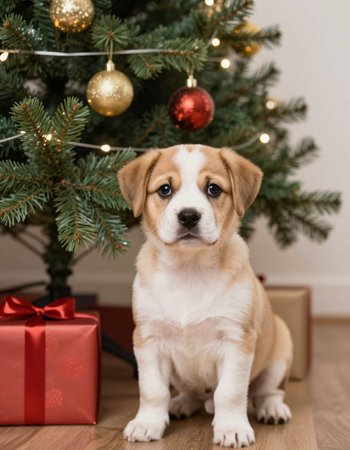 Cute beagle puppy sitting near christmas tree with gift boxesの写真素材